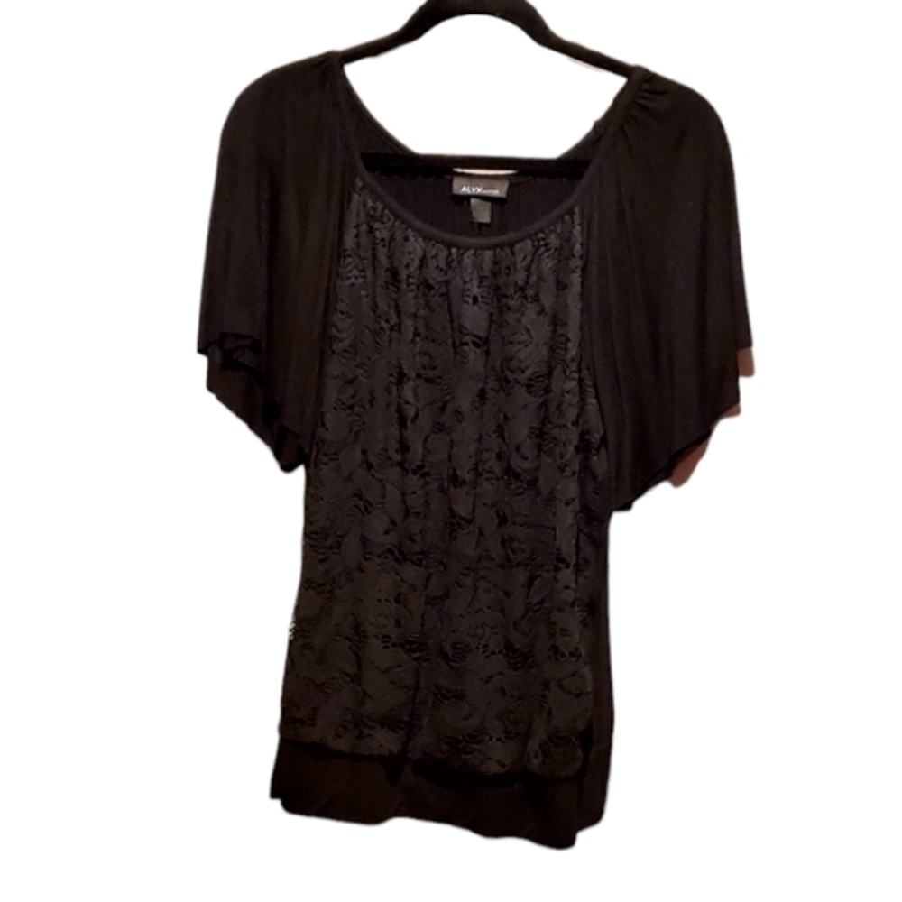 Alyx Woman Black Stretchy Casual Blouse‎ Lace Overlay Size 1X Women Pre-owned